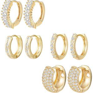 Small Gold Hoop Earrings Set for Women Diamond Pave Gold Earrings Set with Sterl